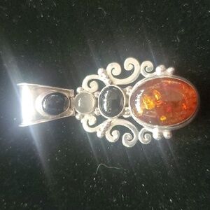 Vintage Styled Amber Black Onyx Moonstone Sterling Silver Pendant.